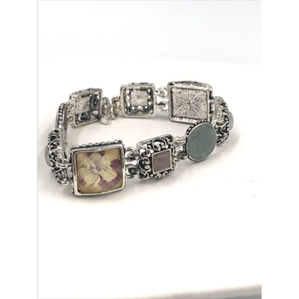 Bracelet Caged Cab Faceted Chain Link floral Resin Artisan style 7.5" Toggle